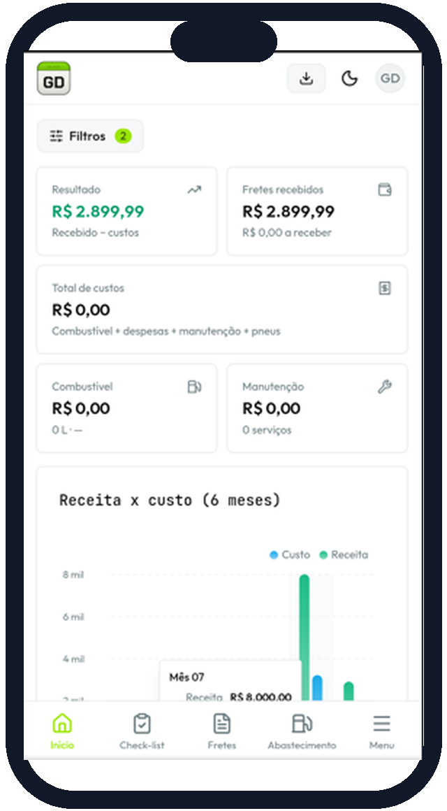 Tela do aplicativo GD Frete no celular mostrando resultado, fretes e custos